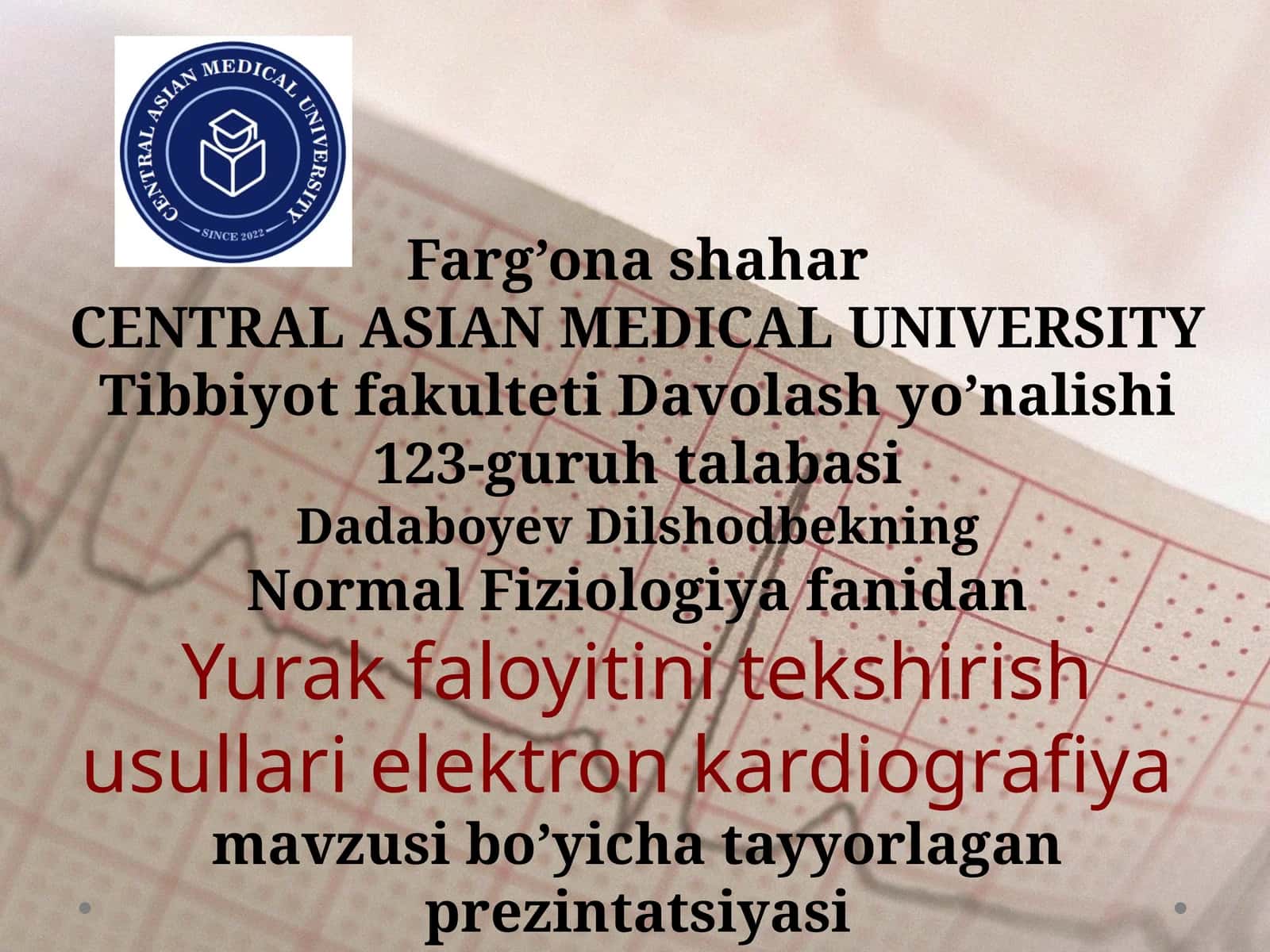 Normal Fiziologiya fanidan Yurak faloysi tekshirish usullari elektron kardiografiya