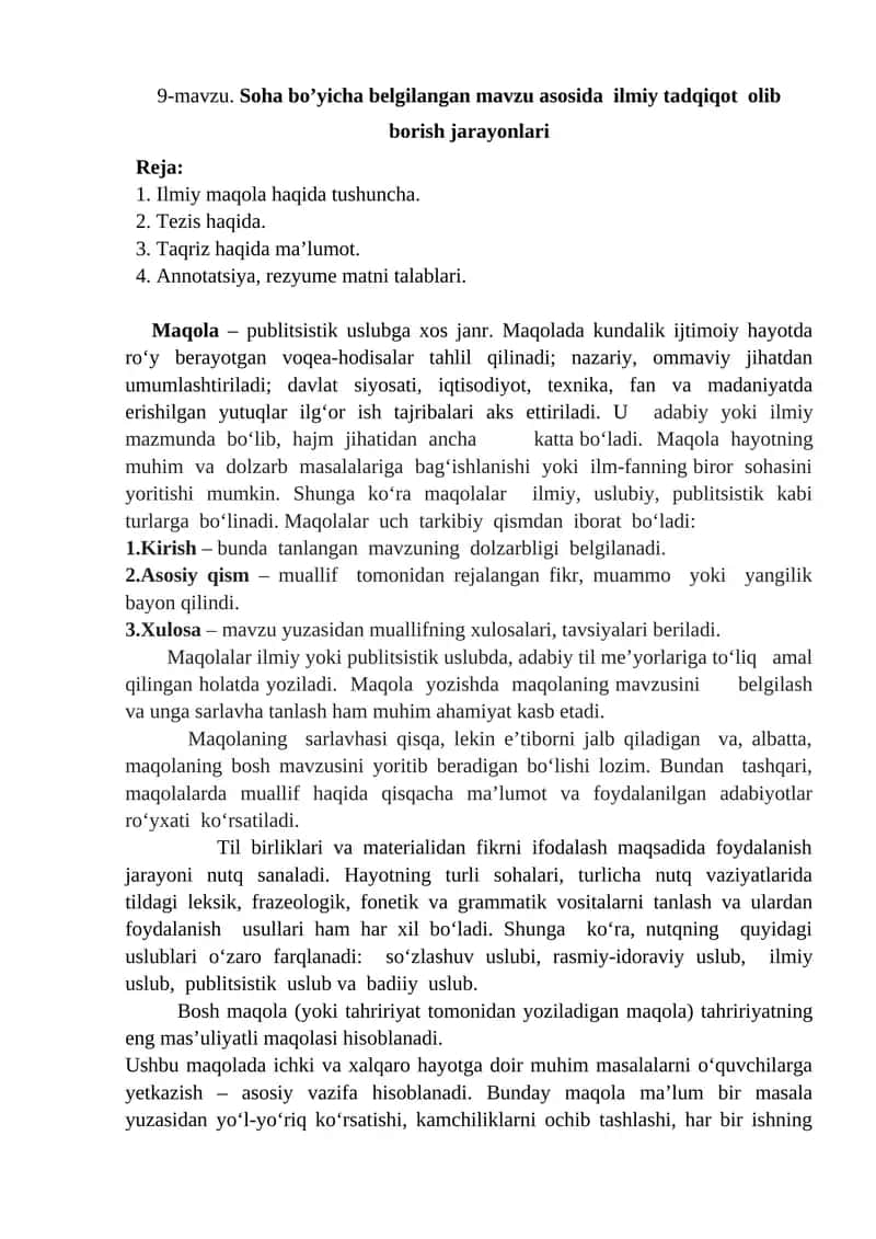 9-mavzu. Soha bo’yicha belgilangan mavzu asosida ilmiy tadqiqot olib borish jarayonlari
