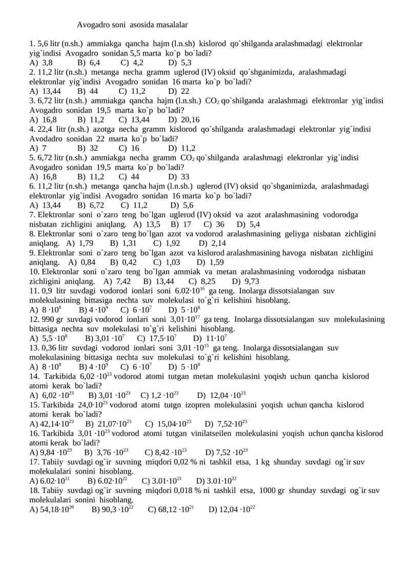 Avogadro soni asosida masalalar