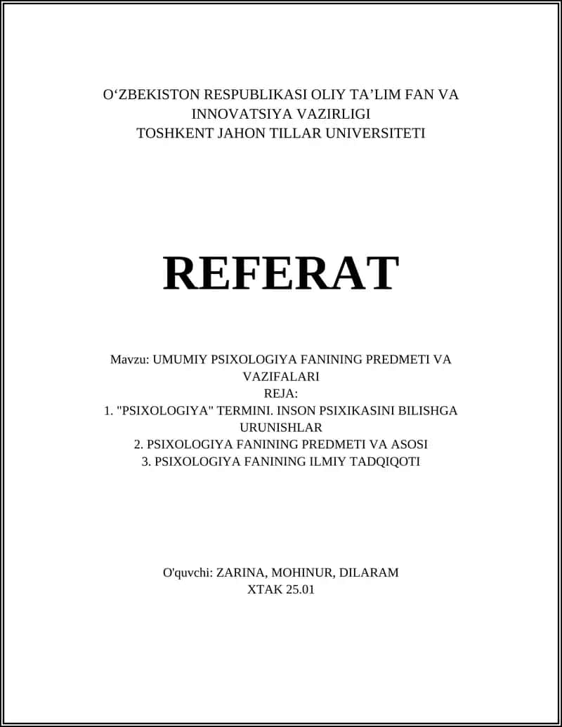 PSIXOLOGIYA FANINING PREDMETI VA VAZIFALARI