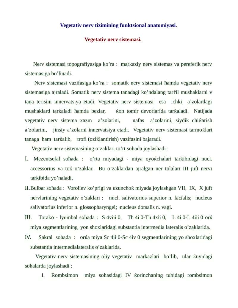Vegetativ nerv tizimining funktsional anatomiyasi