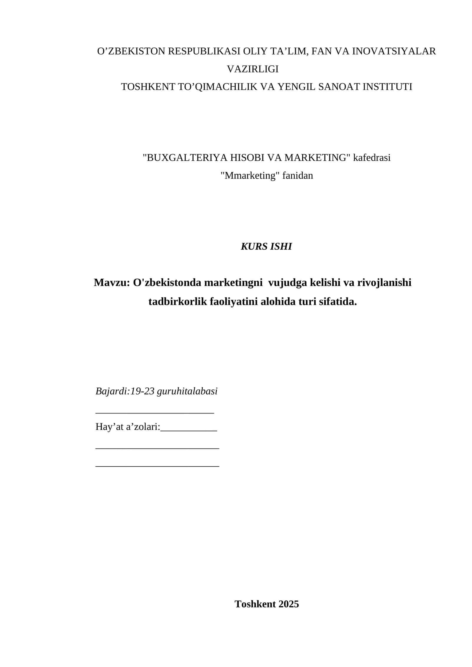 O'zbekistonda marketingni vujudga kelishi va rivojlanishi tadbirkorlik faoliyatini alohida turi sifatida.