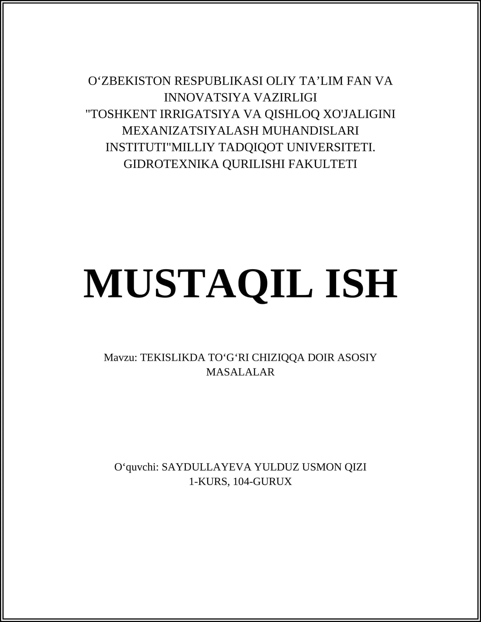 TEKISLIKDA TOʻGʻRI CHIZIQQA DOIR ASOSIY MASALALAR
