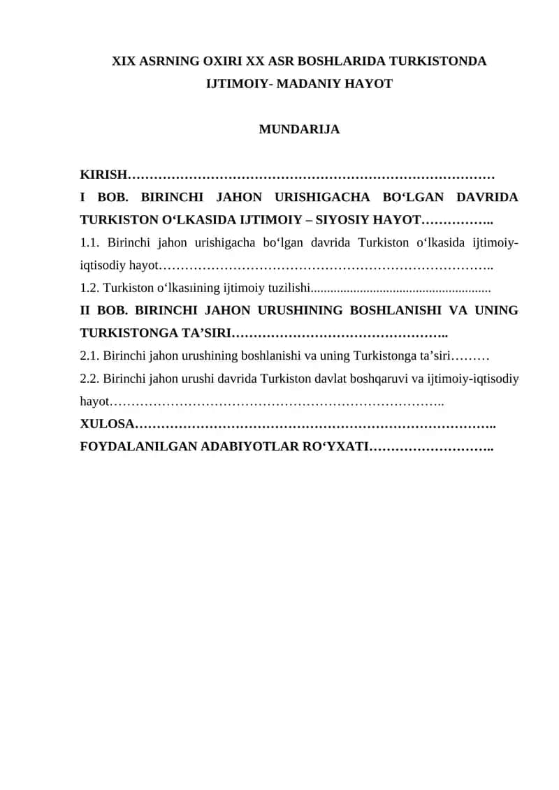 XIX ASRNING OXIRI XX ASR BOSHLARIDA TURKISTONDA IJTIMOIY- MADANIY HAYOT