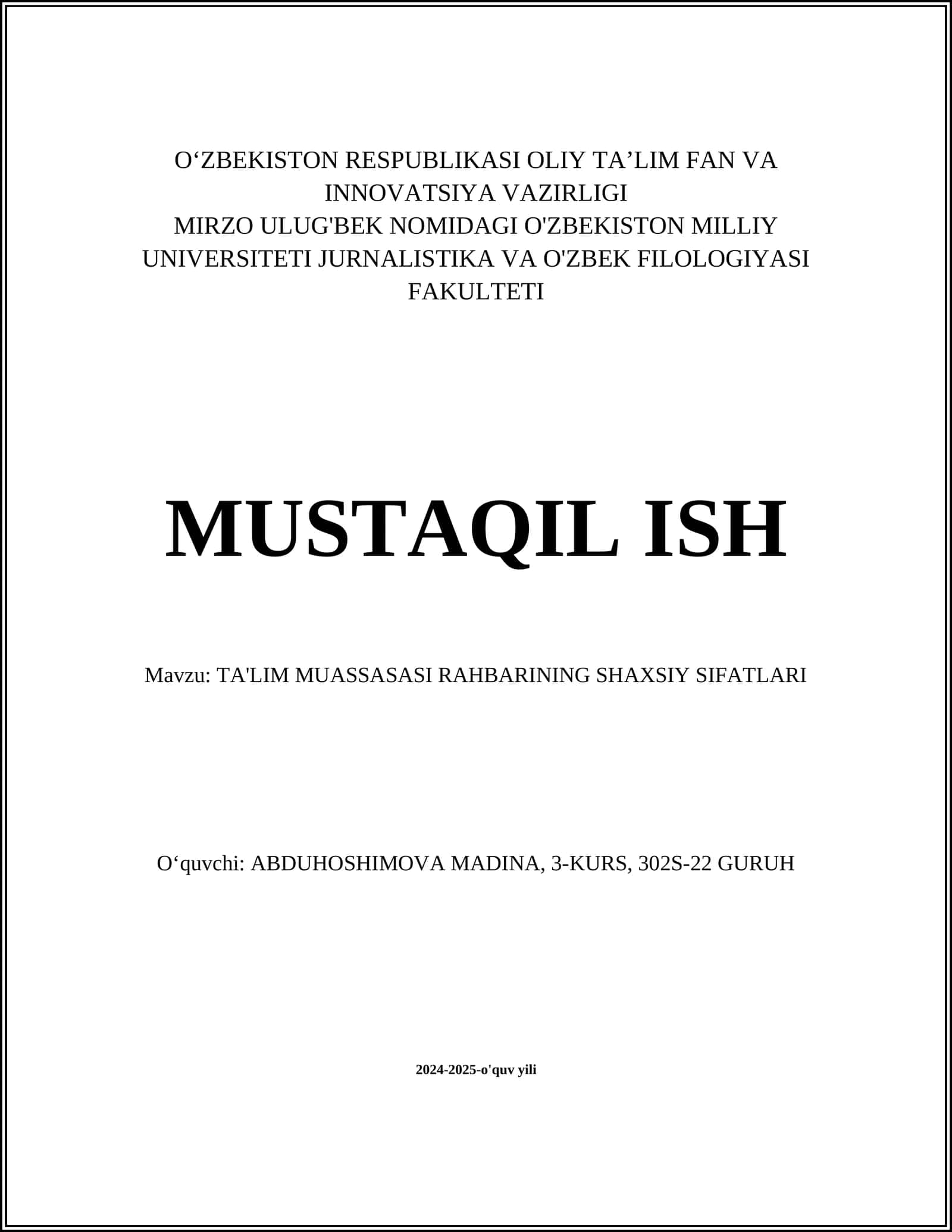 TA'LIM MUASSASASI RAHBARINING SHAXSIY SIFATLARI
