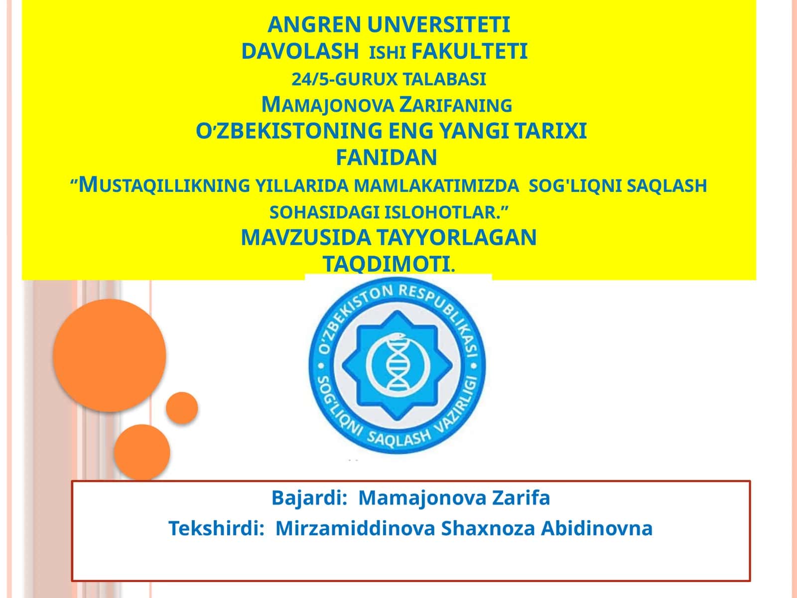 Mustaqillikning yillarida mamlakatimizda sog'liqni saqlash sohasidagi islohotlar