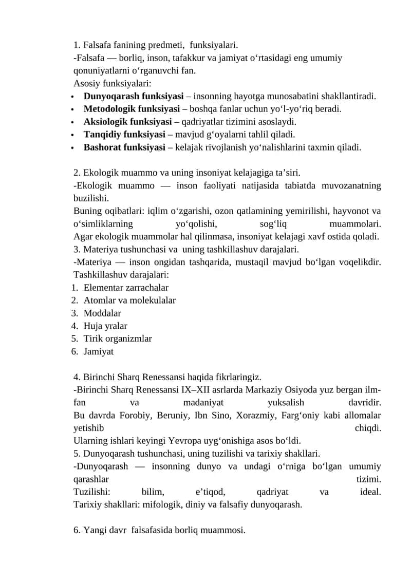 Falsafa fanining predmeti, funksiyalari