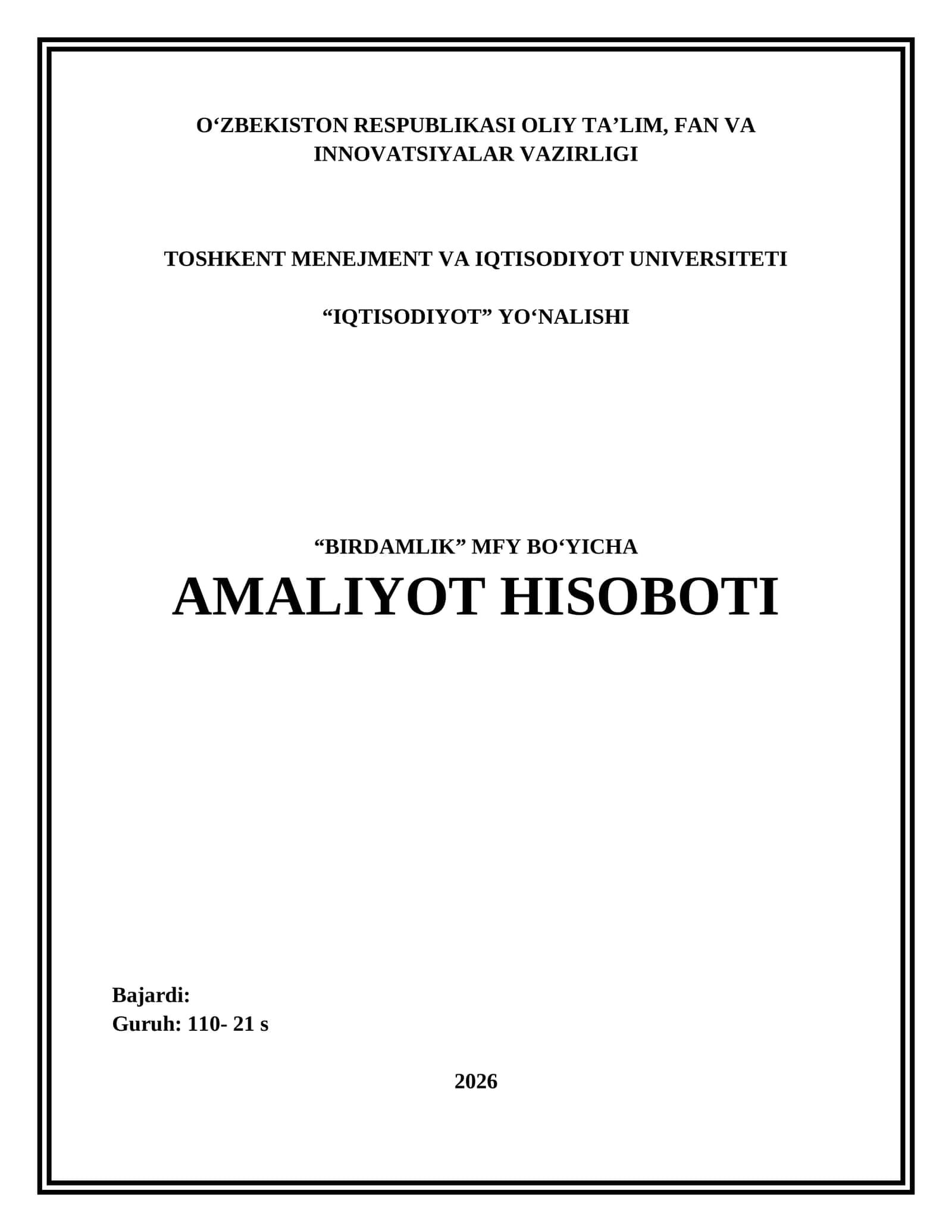 MFYDA AMALIYOTDA BOʻLGAN TALABALAR UCHUN. AMALIYOT HISOBOTI.