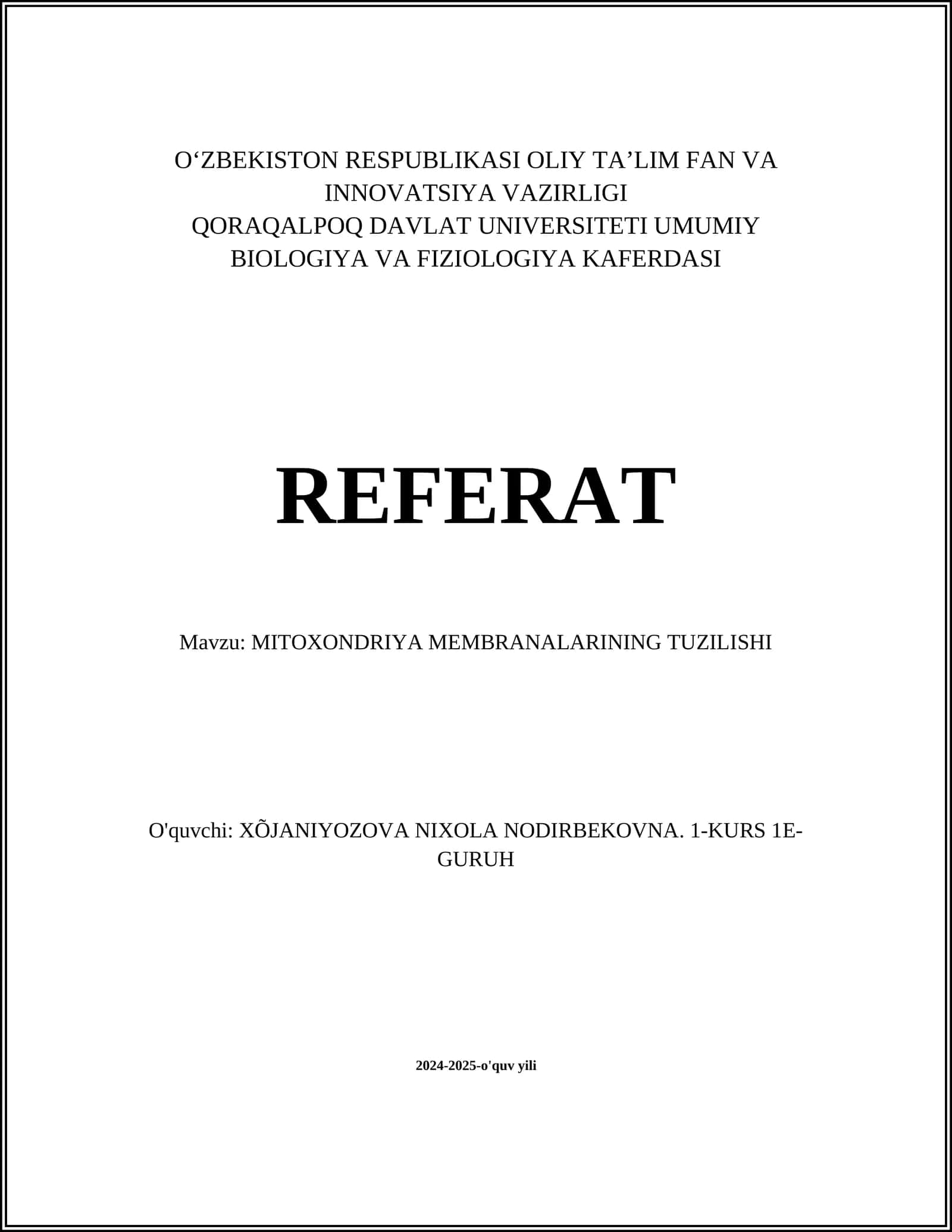 MITOXONDRIYA MEMBRANALARINING TUZILISHI
