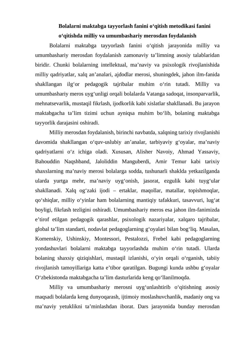 Bolalarni maktabga tayyorlash fanini o‘qitish metodikasi