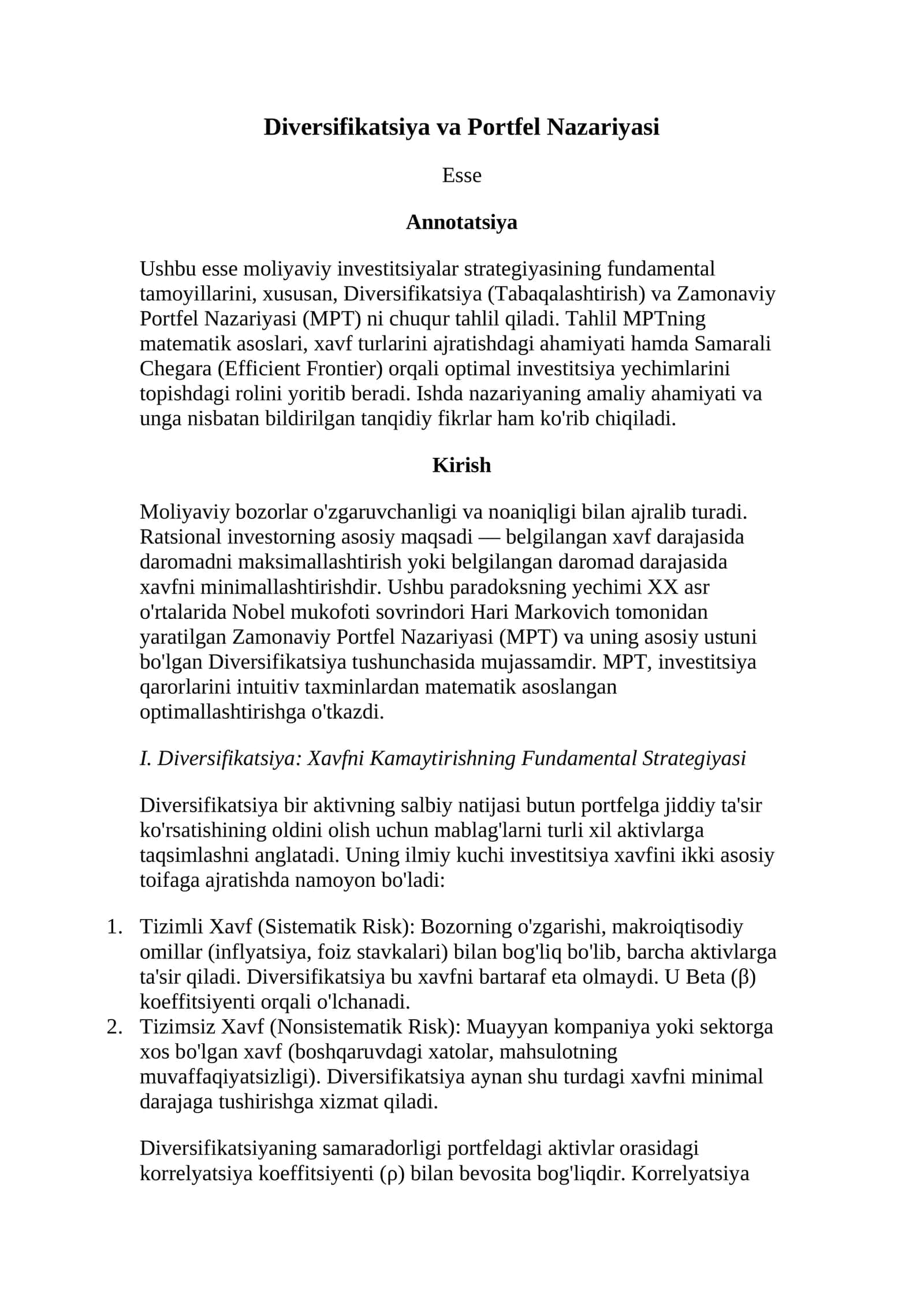 Diversifikatsiya va Portfel Nazariyasi