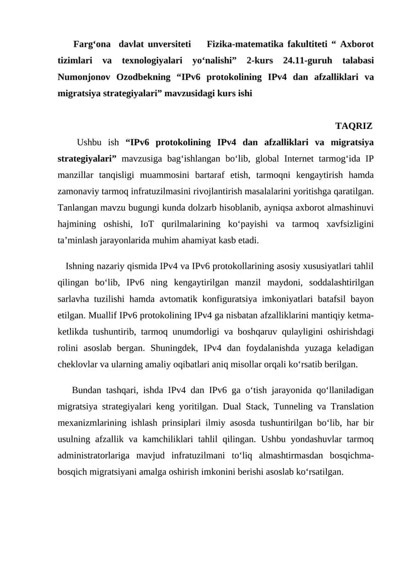 "IPv6 protokolining IPv4 dan afzalliklari va migratsiya strategiyalari" kurs ishi