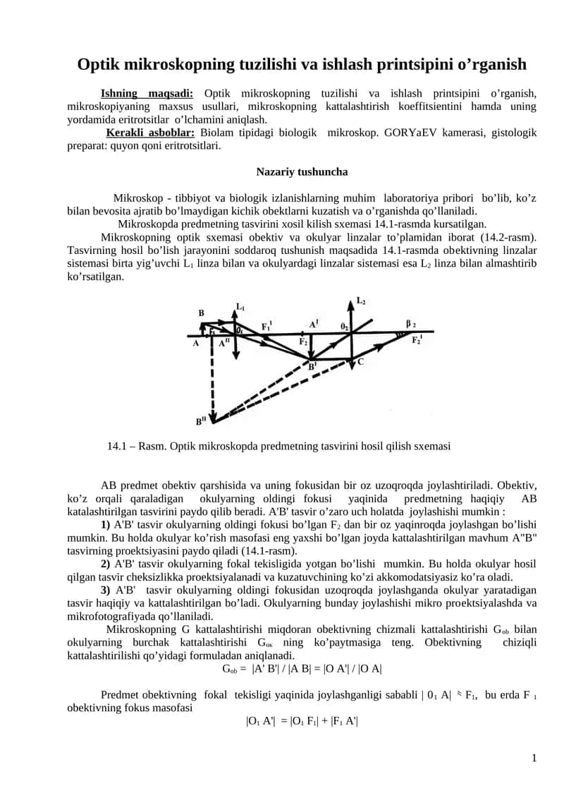 Optik mikroskopning tuzilishi va ishlash printsipini o’rganish