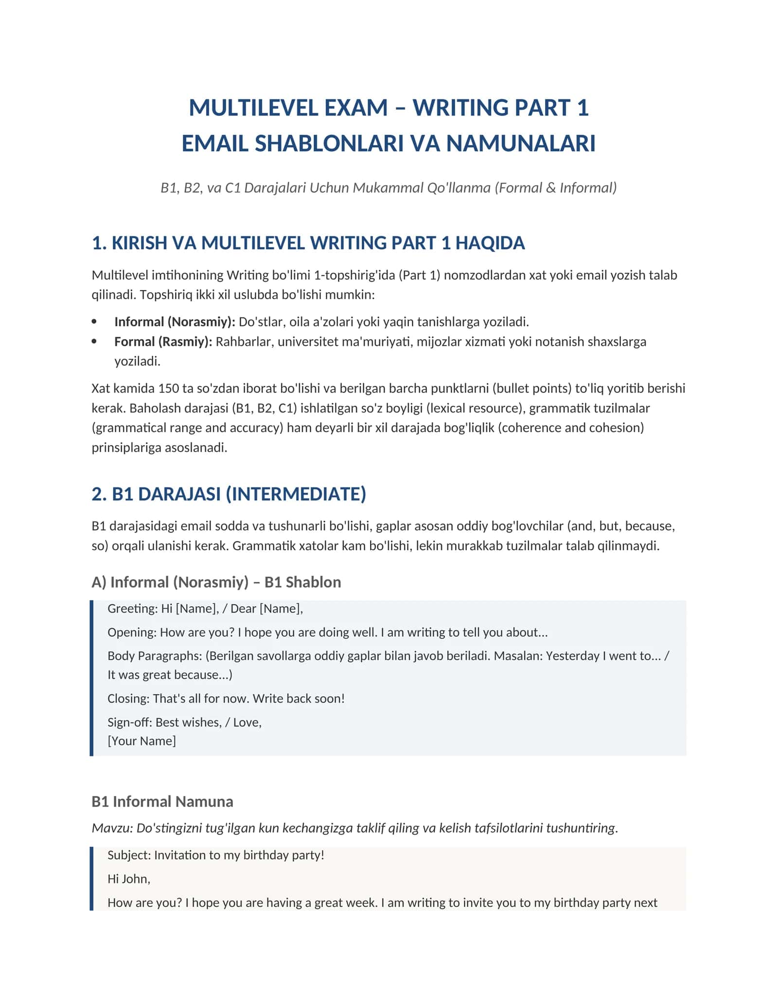 EMAIL SHABLONLARI VA NAMUNALARI