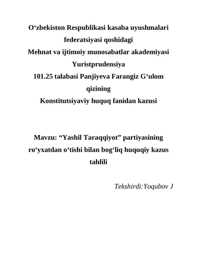 "Yashil Taraqqiyot" partiyasining ro‘yxatdan o‘tishi bilan bog‘liq huquqiy kazus tahlili
