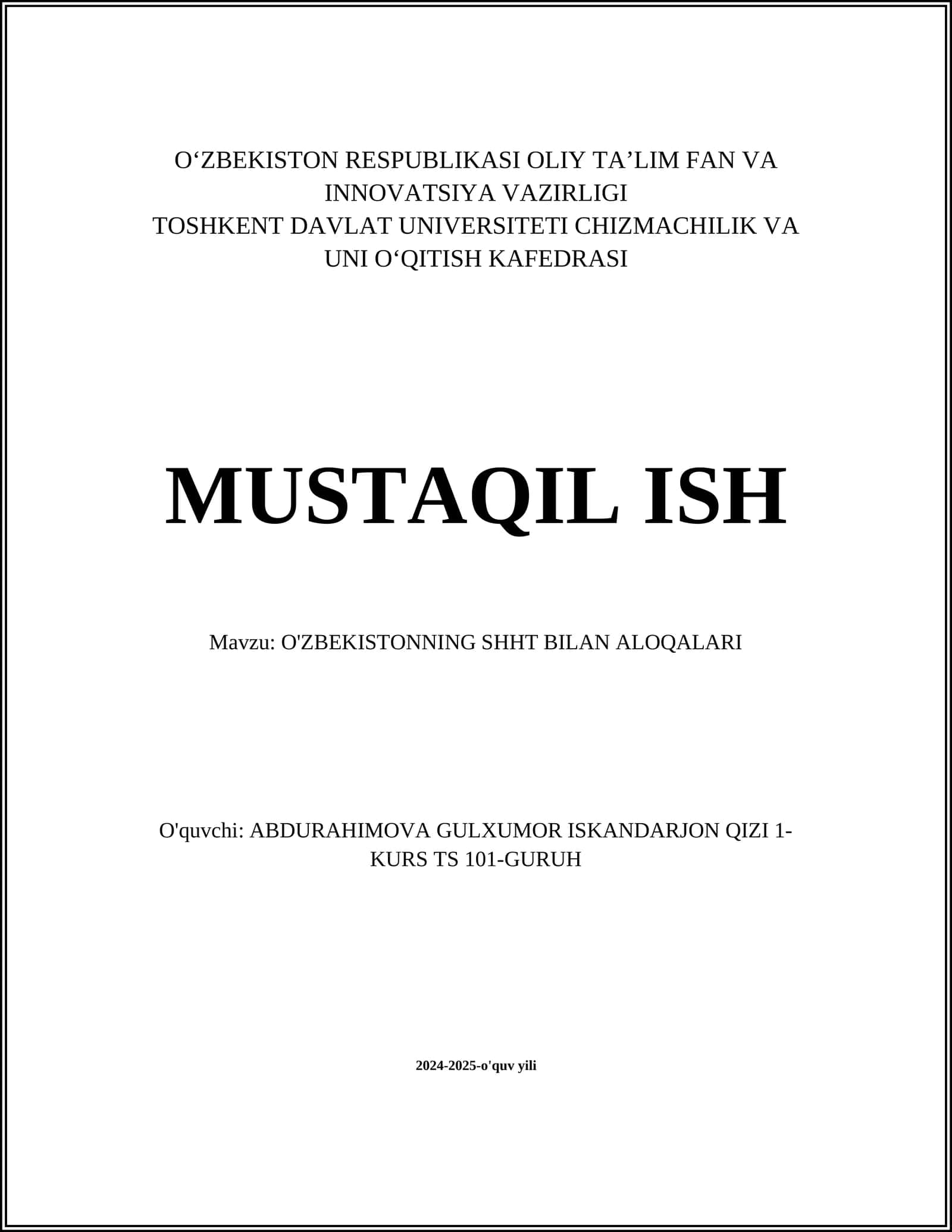 O'ZBEKISTONNING SHHT BILAN ALOQALARI