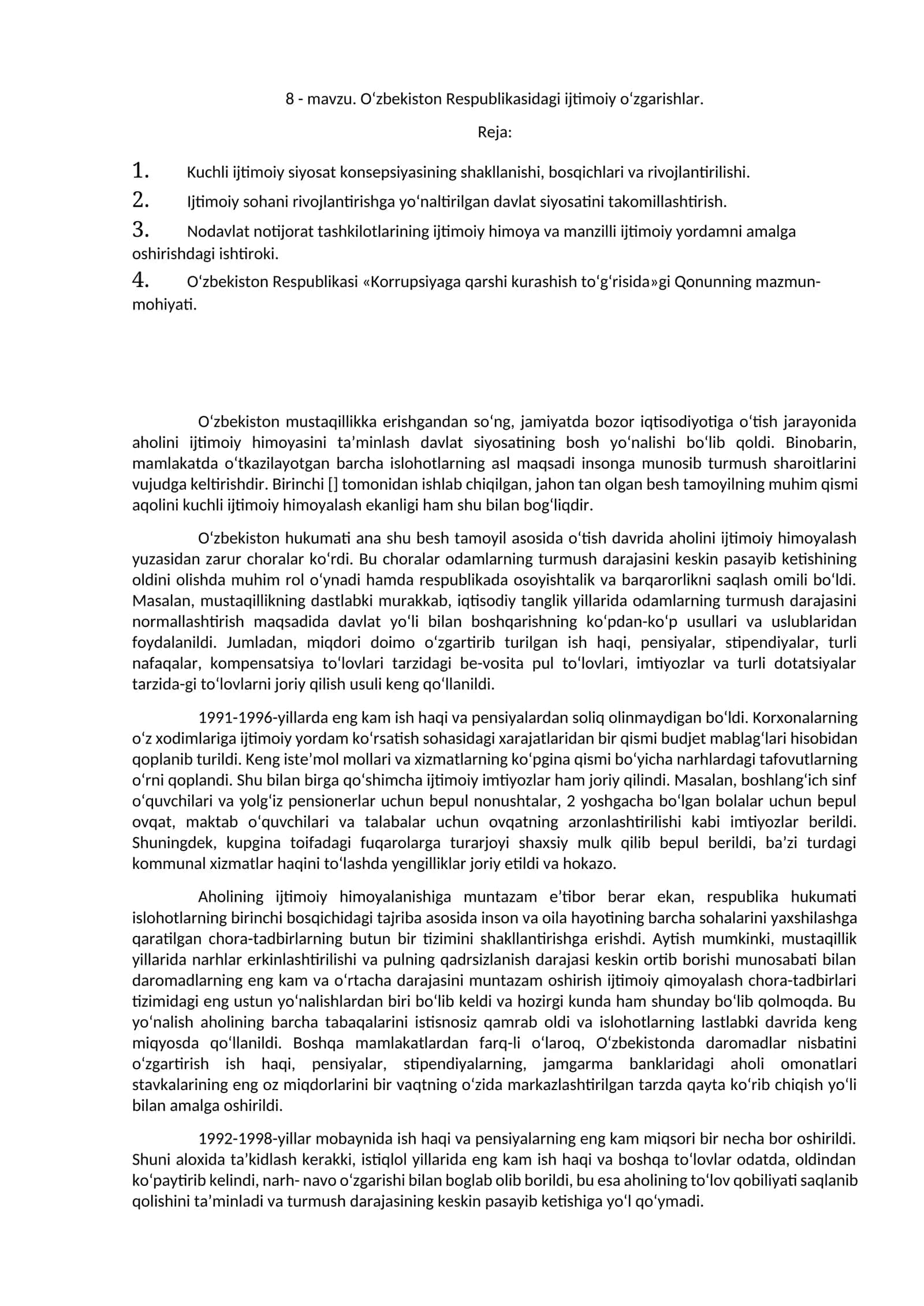 O‘zbekiston Respublikasidagi ijtimoiy o‘zgarishlar