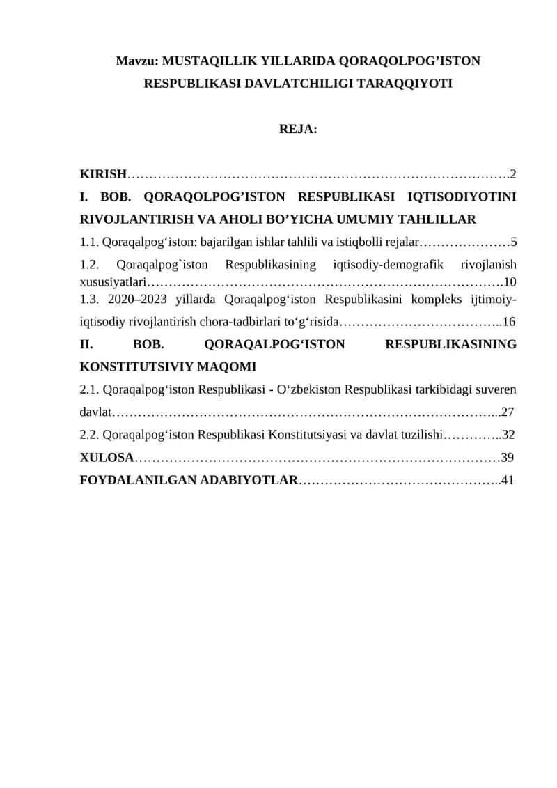 MUSTAQILLIK YILLARIDA QORAQOLPOG’ISTON RESPUBLIKASI DAVLATCHILIGI TARAQQIYOTI
