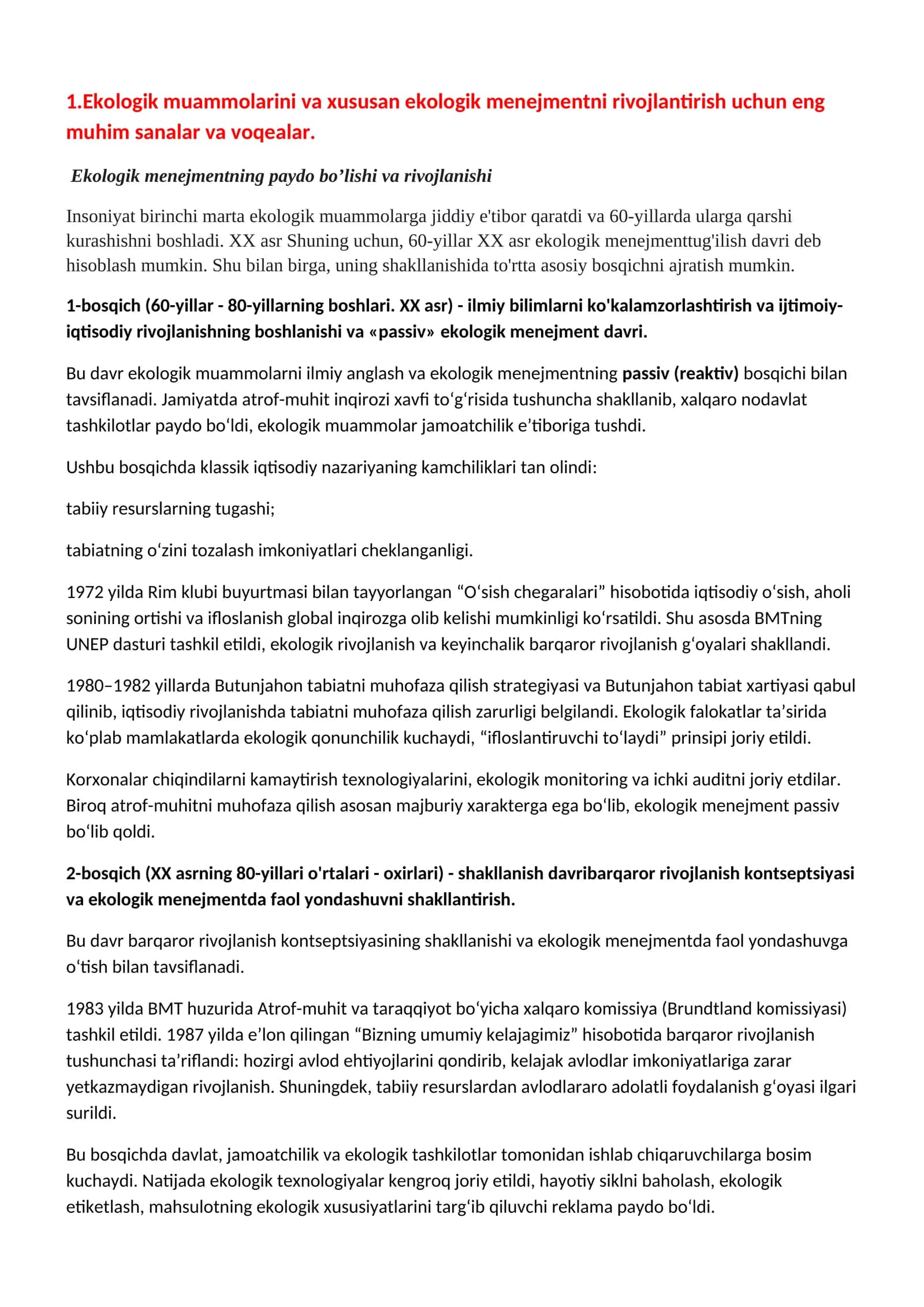 Ekologik menejment fani bo’yicha savol javob