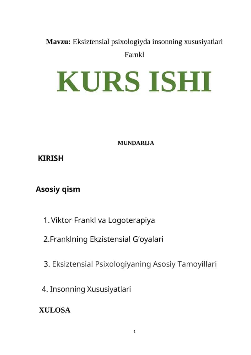 Eksiztensial psixologiyda insonning xususiyatlari Farnkl