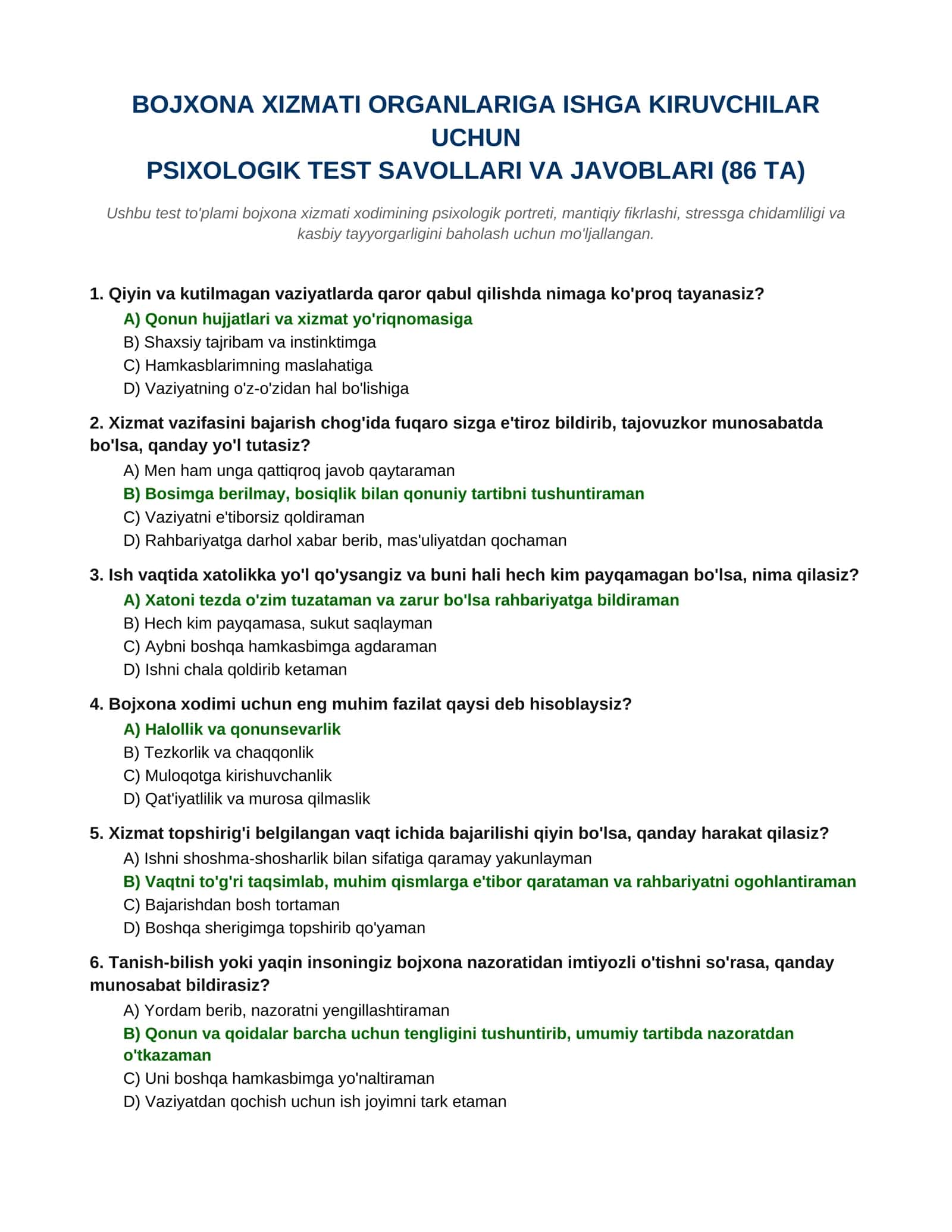 Bojxona xizmati psixologik test savollari va javoblari (86 ta)