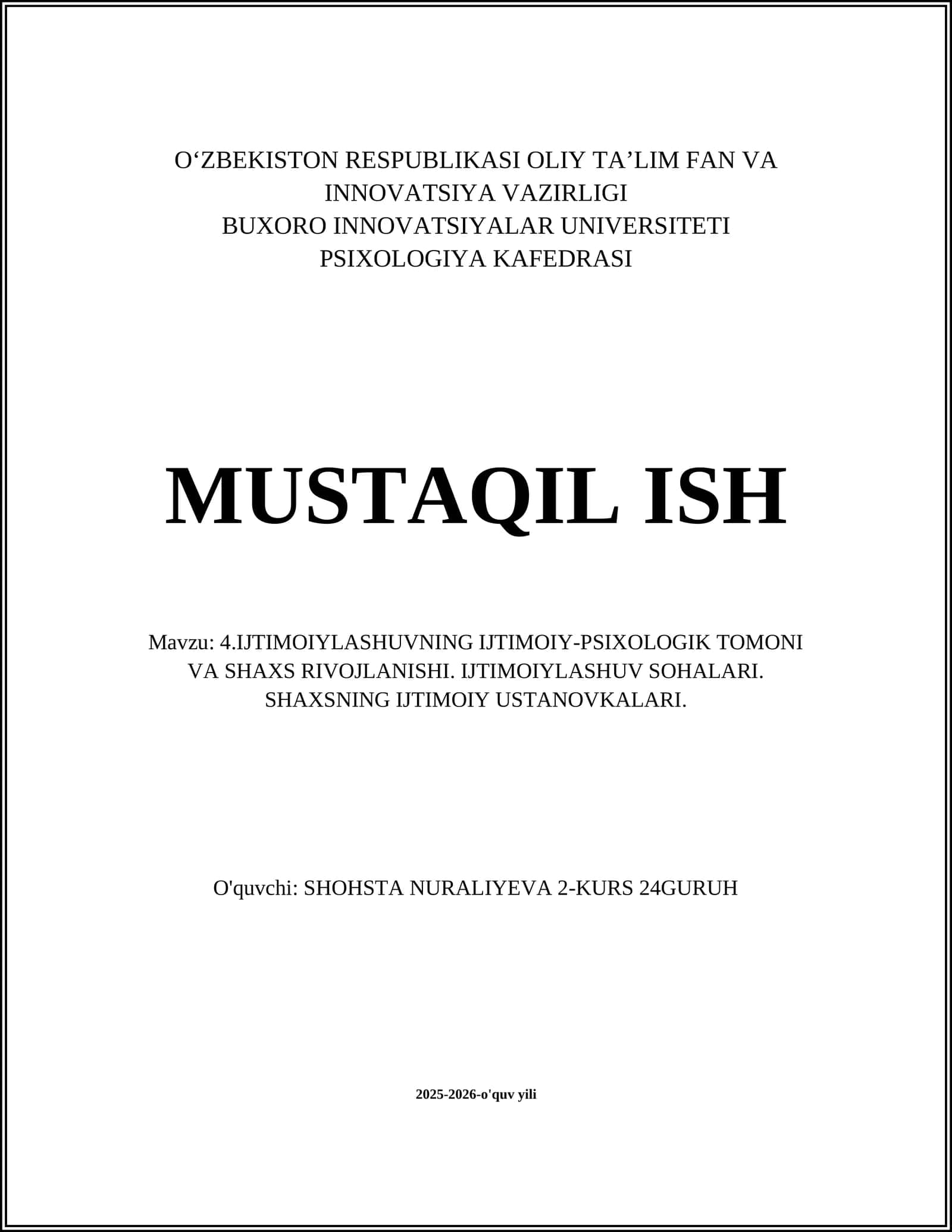 IJTIMOIYLASHUVNING IJTIMOIY-PSIXOLOGIK TOMONI VA SHAXS RIVOJLANISHI