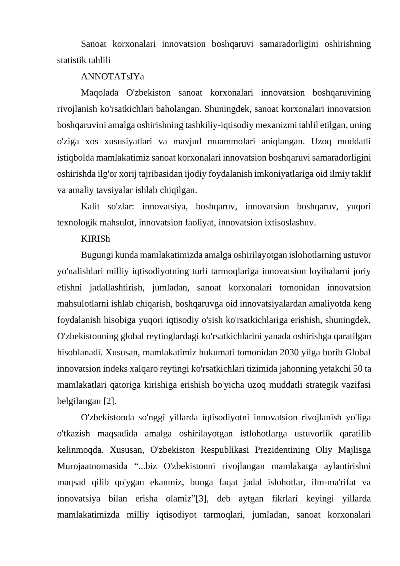 Sanoat korxonalari innovatsion boshqaruvi samaradorligini oshirishning statistik tahlili