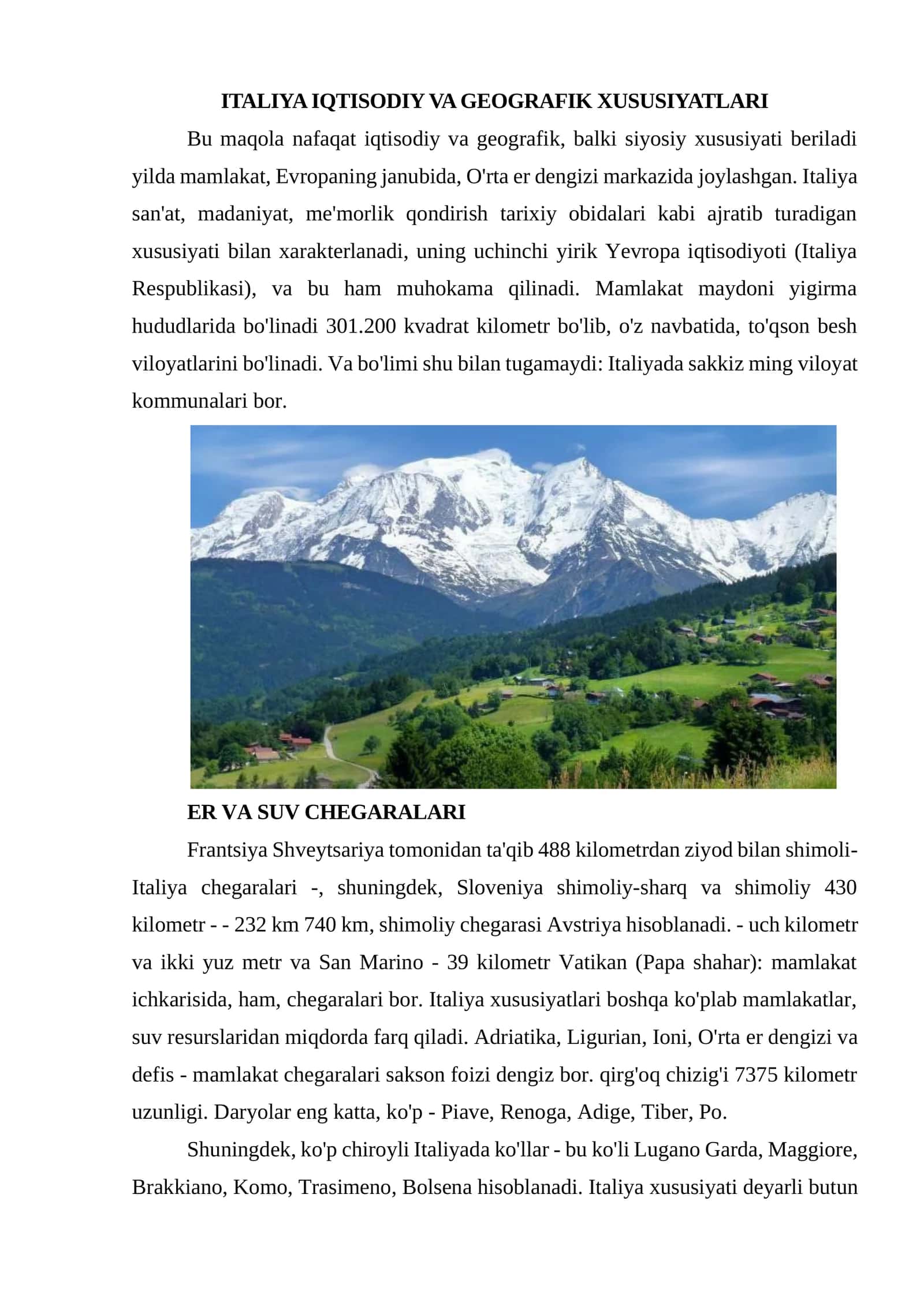 ITALIYA IQTISODIY VA GEOGRAFIK XUSUSIYATLARI