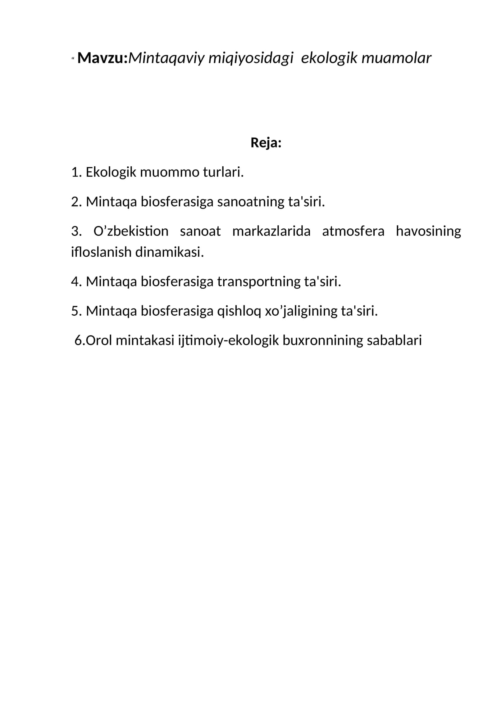 Mintaqaviy miqiyosidagi ekologik muamolar