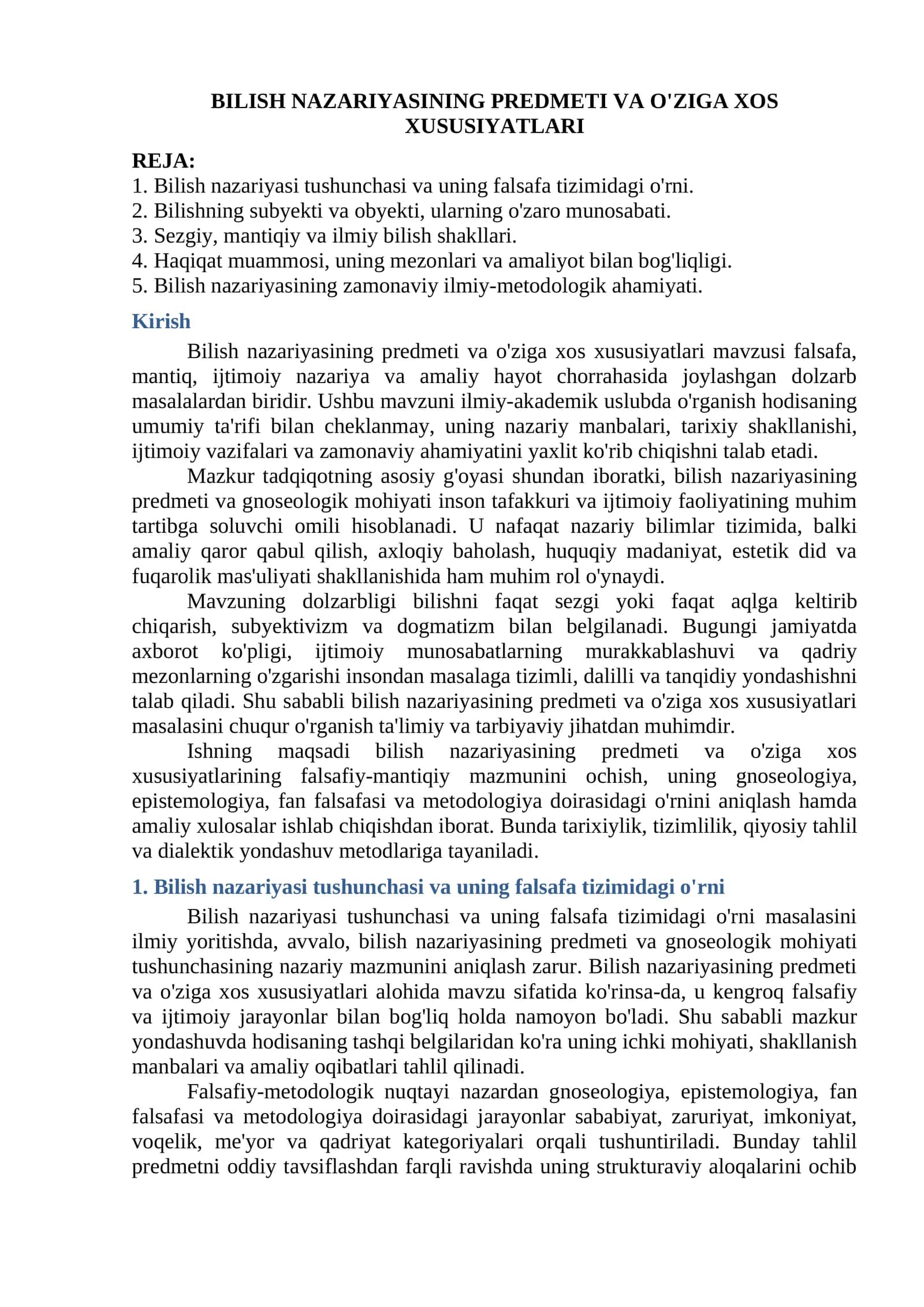 Bilish nazariyasi predmeti va o'ziga xos xususiyatlar