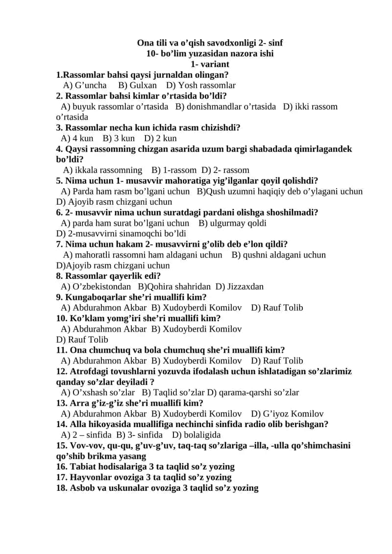 Ona tili va o’qish savodxonligi 2- sinf
