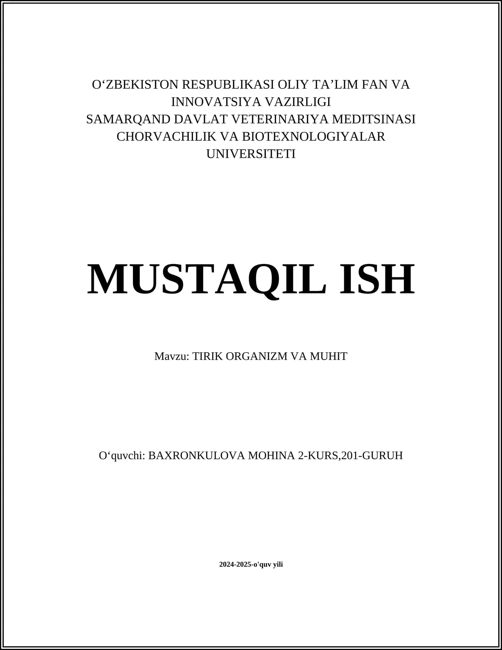 TIRIK ORGANIZM VA MUHIT