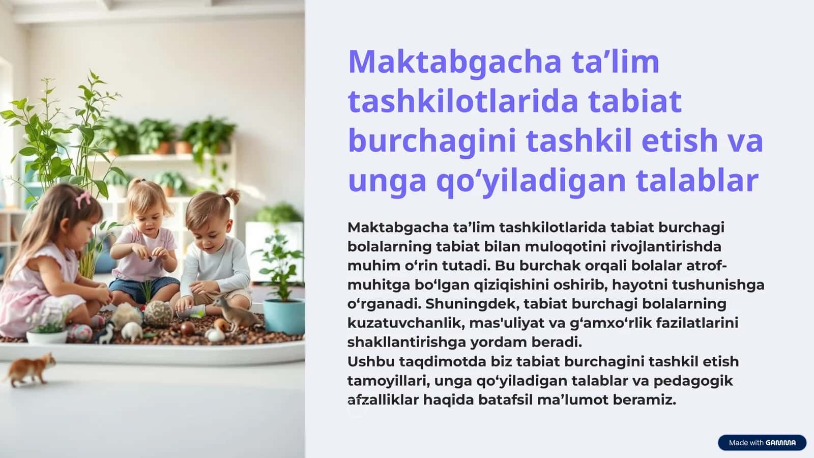 Tabiat burchagini tashkil etish va unga qo‘yiladigan talablar