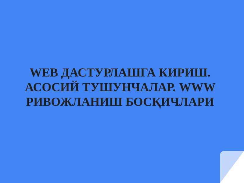 WEBДАСТУРЛАШГА КИРИШ. АСОСИЙ ТУШУНЧАЛАР.WWWРИВОЖЛАНИШ БОСҚИЧЛАРИ Режа