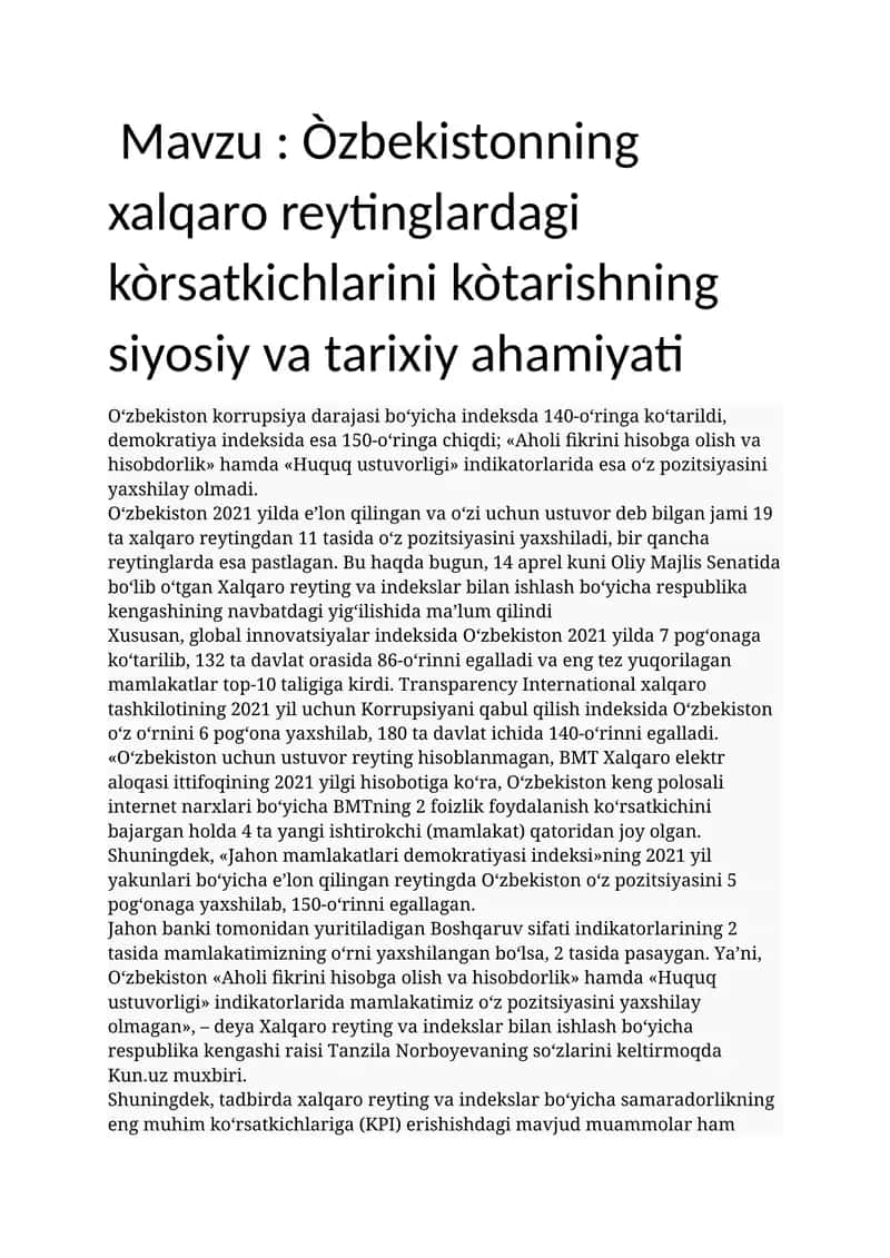 Òzbekistonning xalqaro reytinglardagi kòrsatkichlarini kòtarishning siyosiy va tarixiy ahamiyati