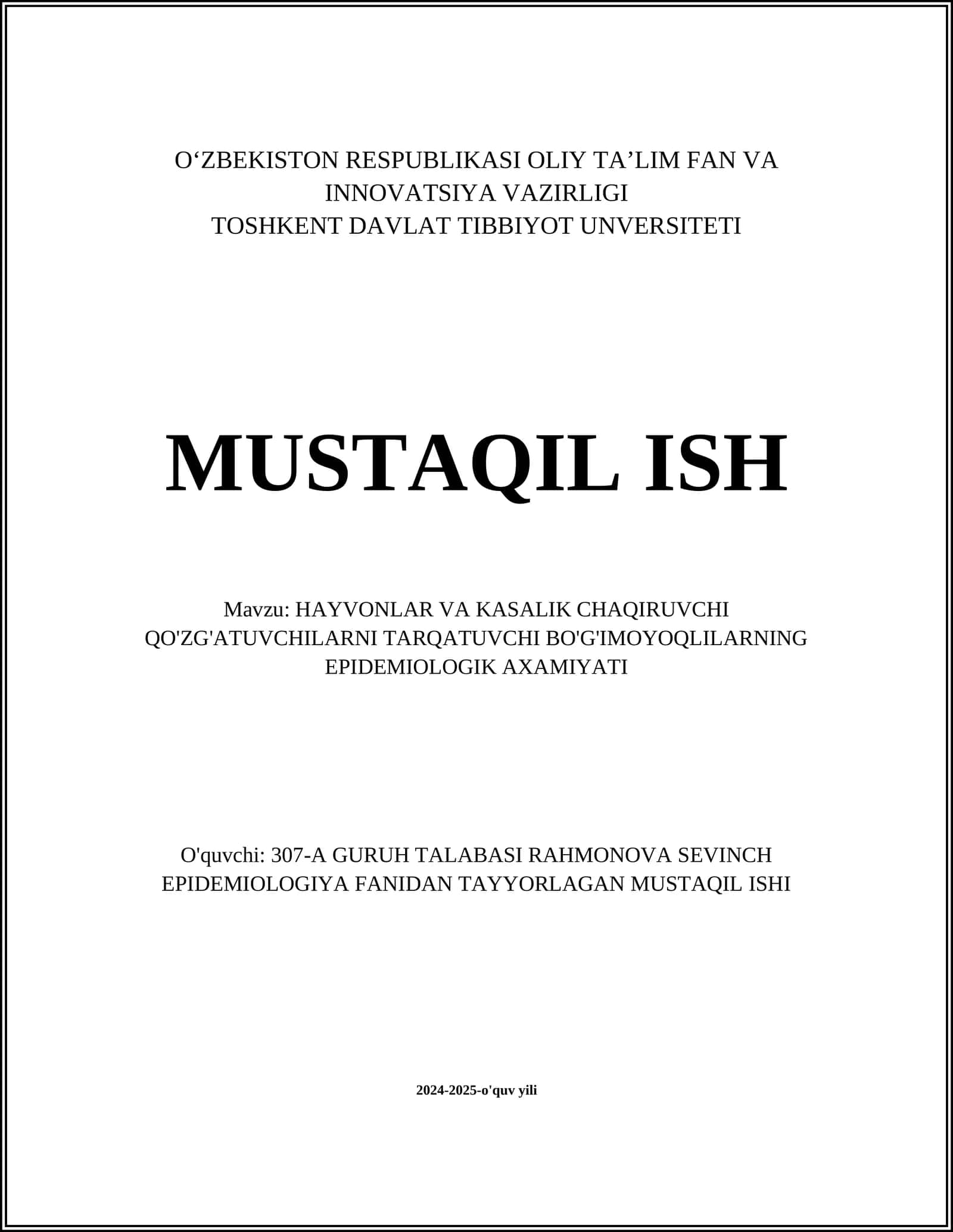 HAYVONLAR VA KASALIK CHAQIRUVCHI QO'ZG'ATUVCHILARNI TARQATUVCHI BO'G'IMOYOQLILARNING EPIDEMIOLOGIK AXAMIYATI