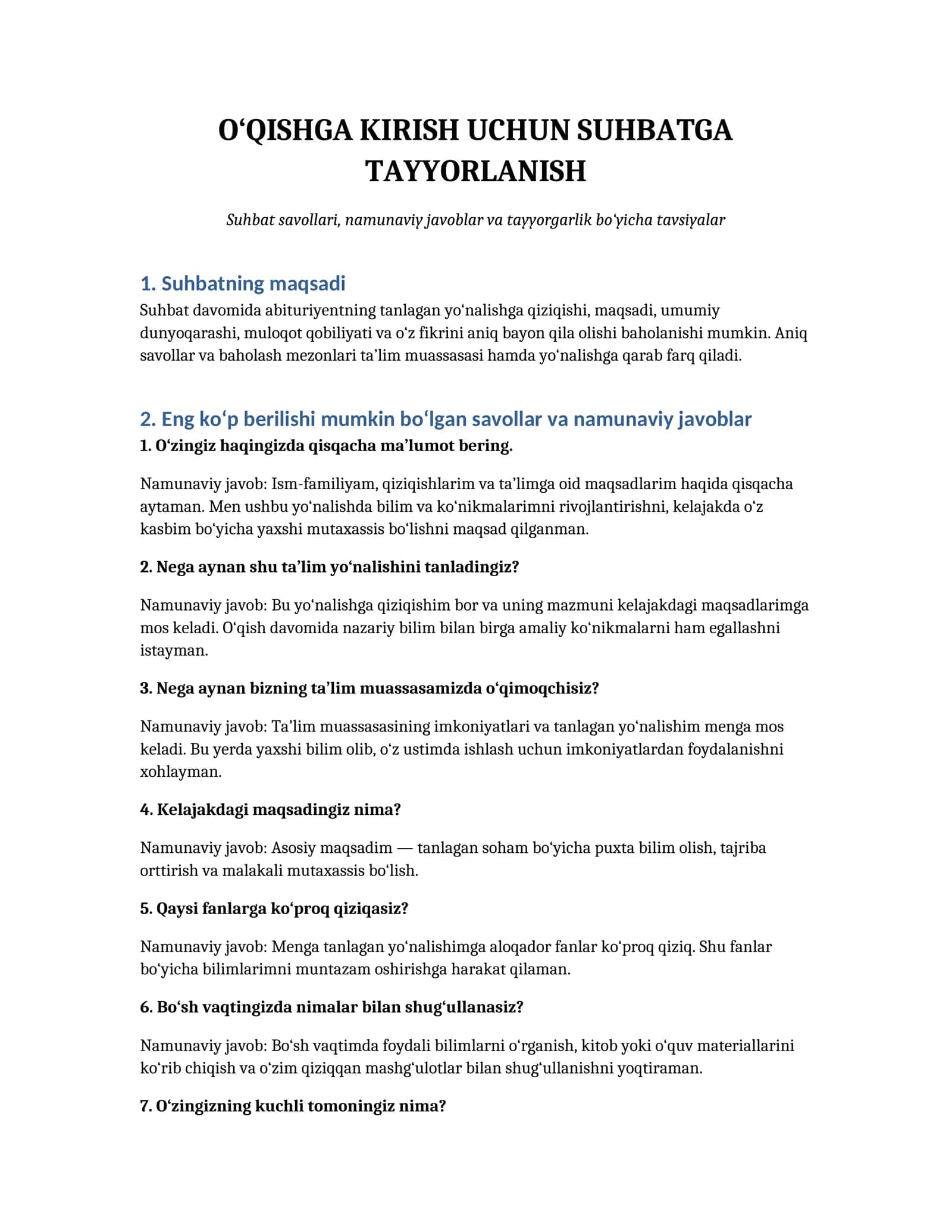 O‘QISHGA KIRISH UCHUN SUHBATGA TAYYORLANISH