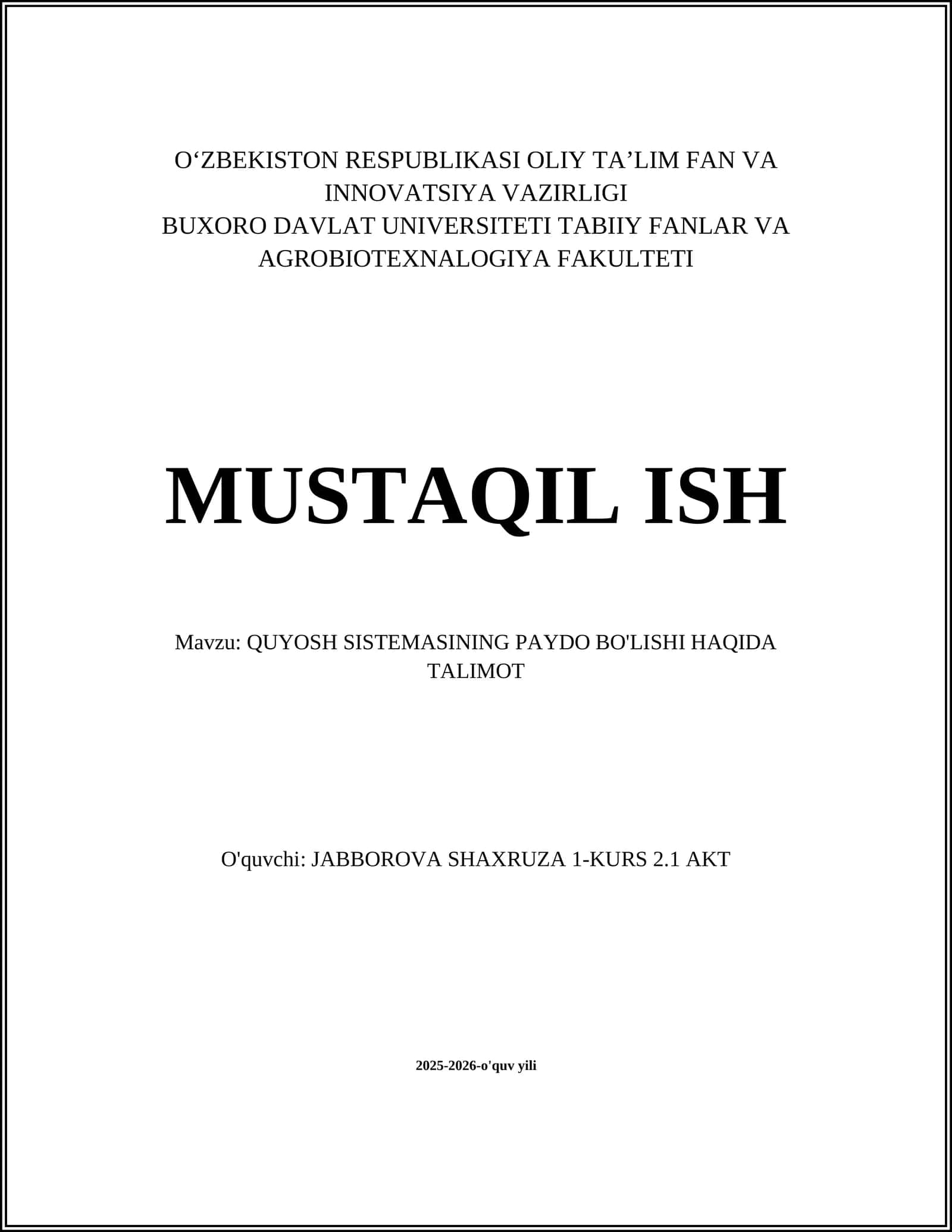 QUYOSH SISTEMASINING PAYDO BO'LISHI HAQIDA TALIMOT