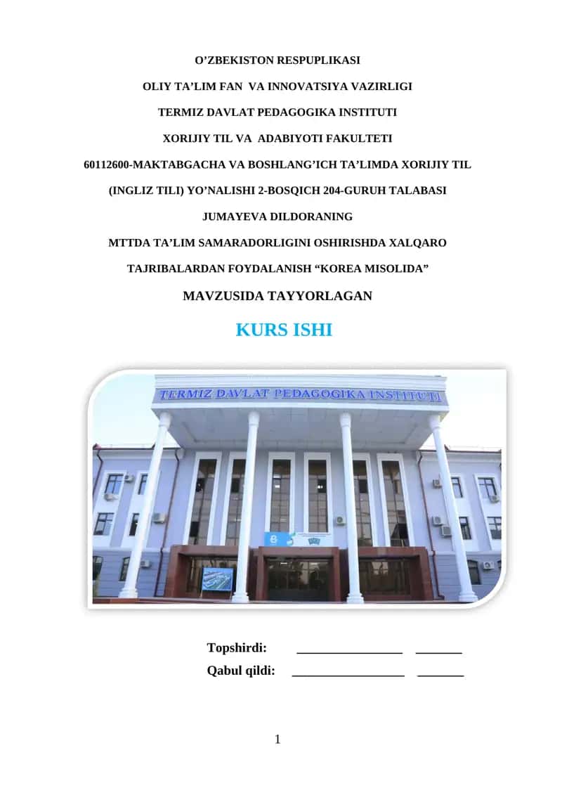 MAKTABGACHA VA BOSHLANG’ICH TA’LIMDA XORIJIY TIL (INGLIZ TILI) YO’NALISHI 2-BOSQICH 204-GURUH TALABASI