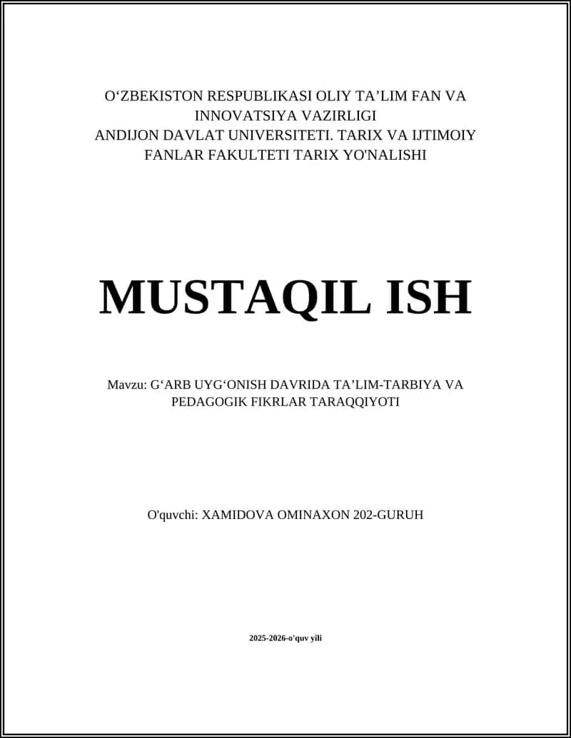 Gʻarb uygʻonish davrida taʼlim-tarbiya va pedagogik fikrlar taraqqiyoti