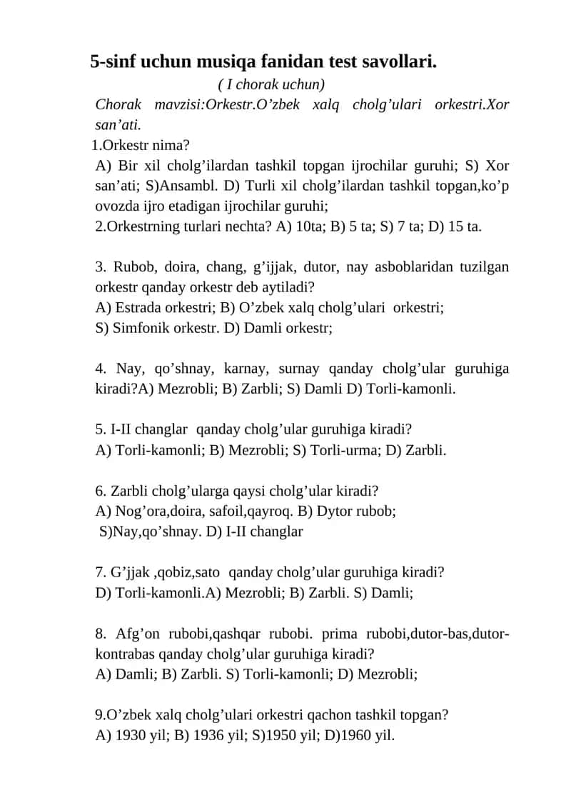 5-sinf uchun musiqa fanidan test savollari