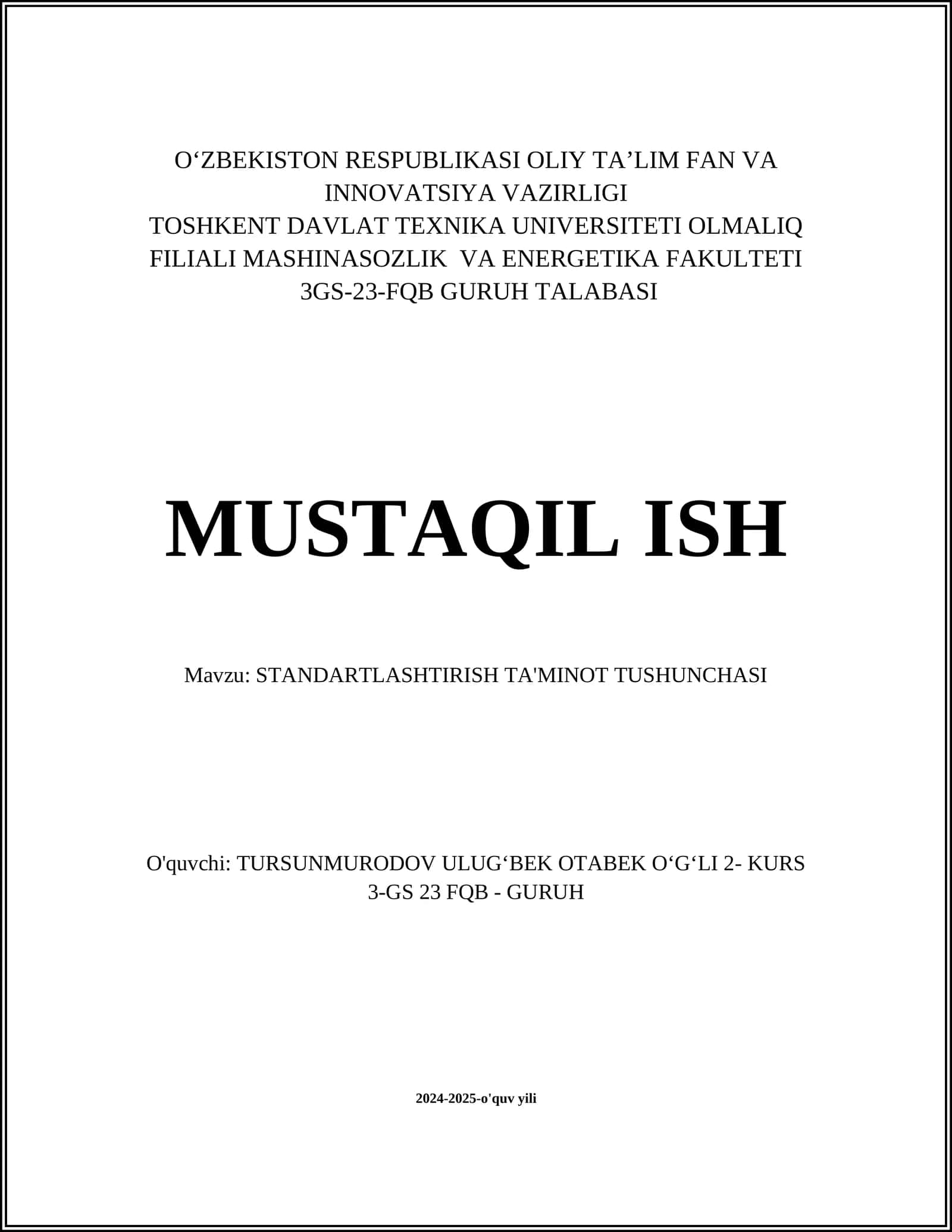 STANDARTLASHTIRISH TA'MINOT TUSHUNCHASI