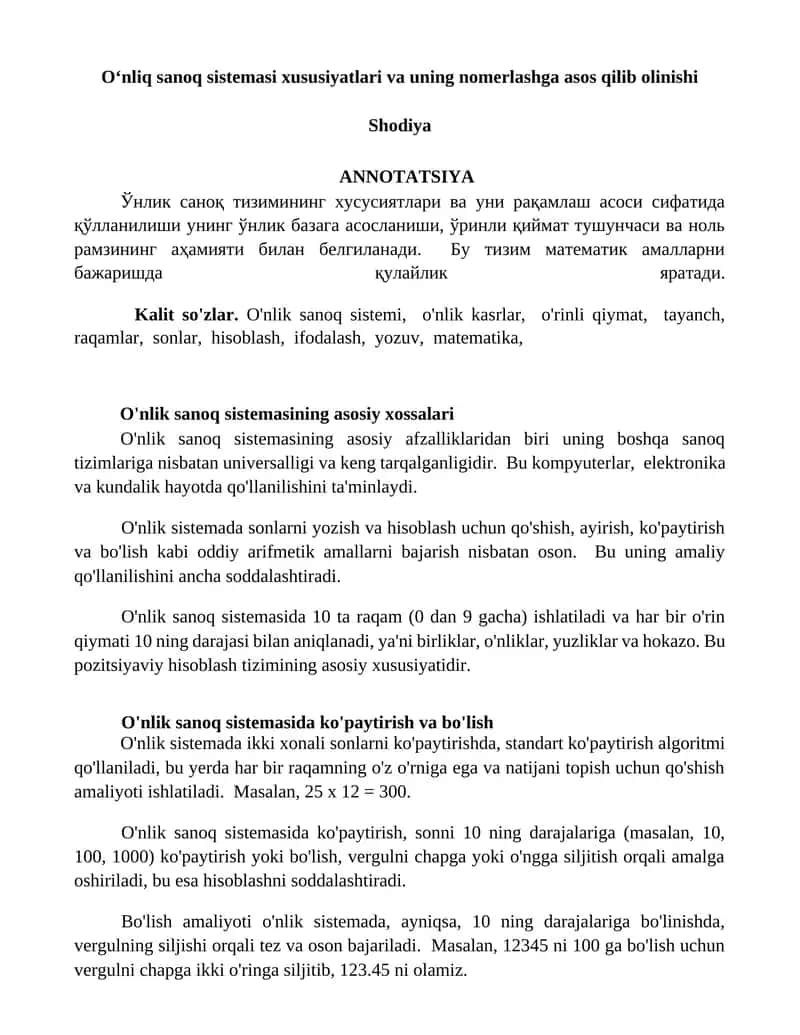 O'nlik sanoq sistemasi xususiyatlari va uning nomerlashga asos qilib olinishi