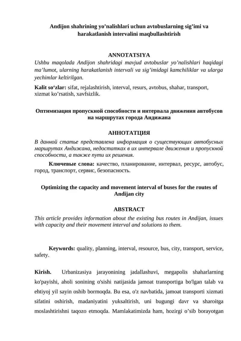 Urbanizatsiya jarayoni va avtobuslar harakatlanish intervalini optimallashtirish