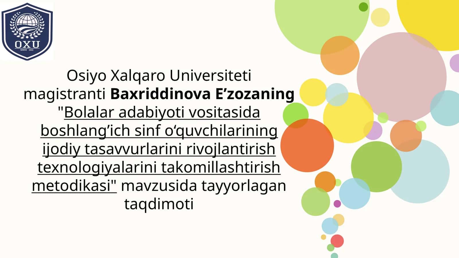 Bolalar adabiyotivositasida boshlang'ich sinf o'quvchilarining ijodiy tasavvurlarini rivojlantirish metodikasi
