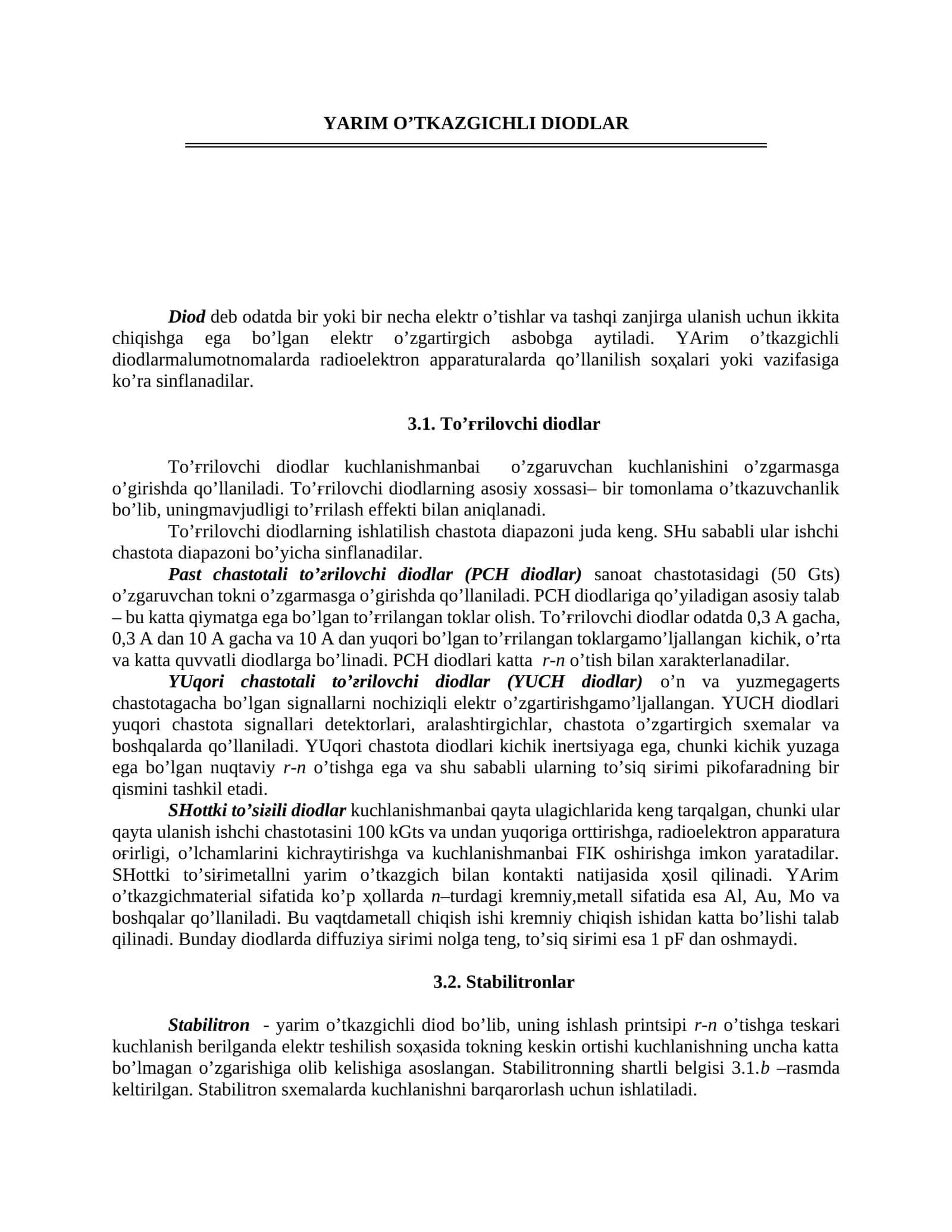 YARIM O’TKAZGICHLI DIODLAR