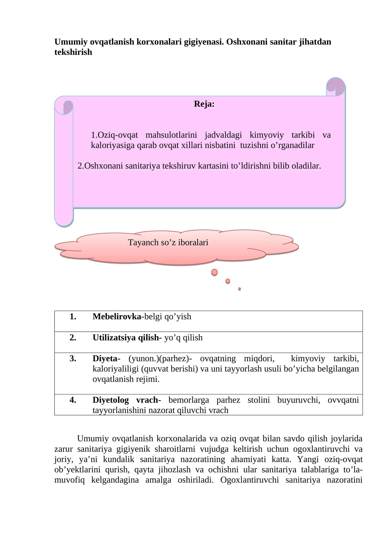 Umumiy ovqatlanish korxonalari gigiyenasi. Oshxonani sanitar jihatdan tekshirish