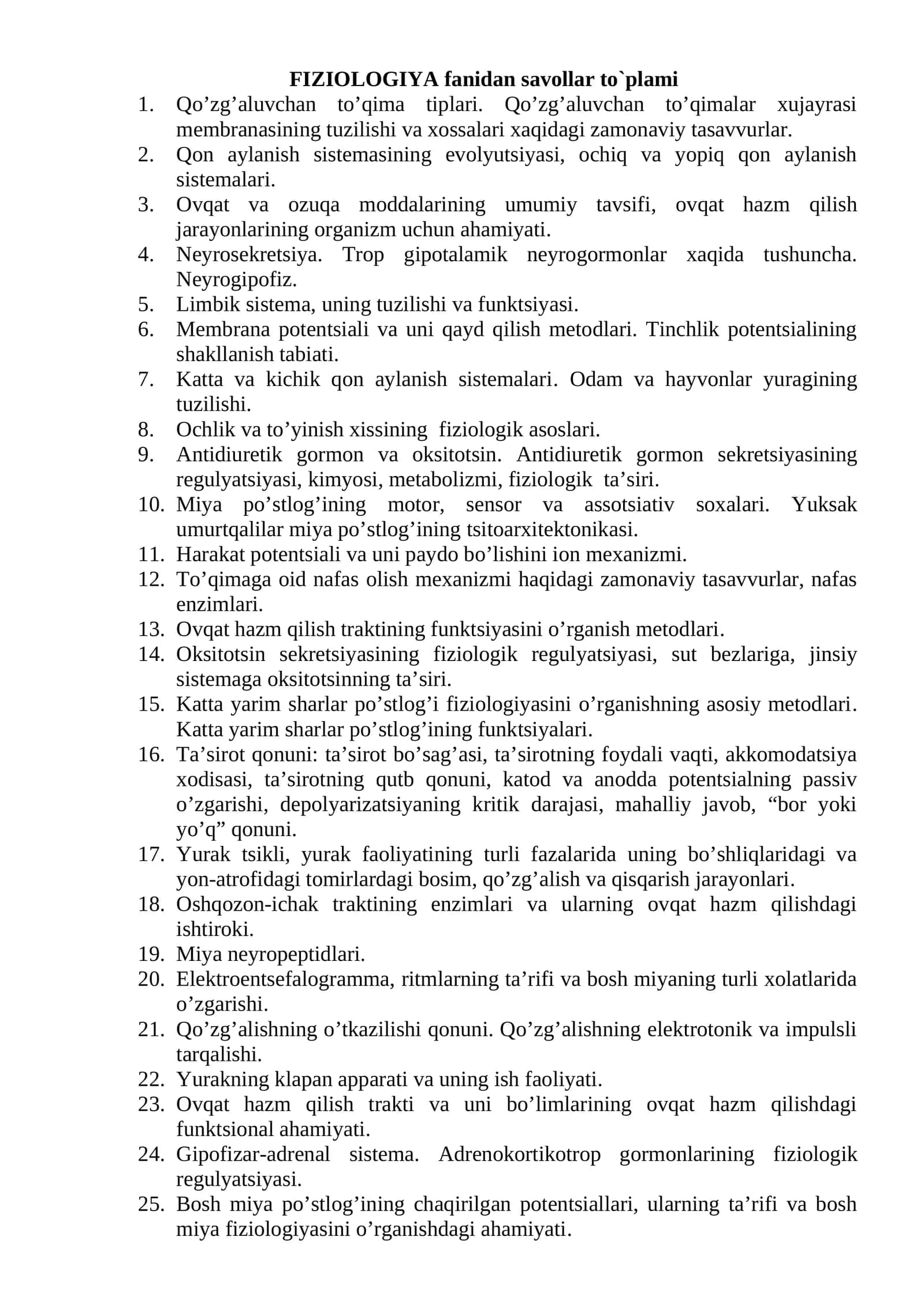FIZIOLOGIYA fanidan savollar to`plami