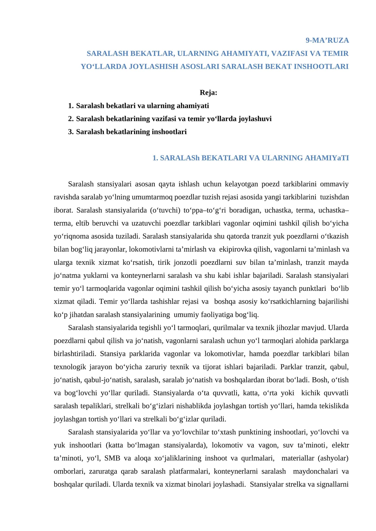 SARALASH BEKATLAR, ULARNING AHAMIYATI, VAZIFASI VA TEMIR YO‘LLARDA JOYLASHISH ASOSLARI SARALASH BEKAT INSHOOTLARI