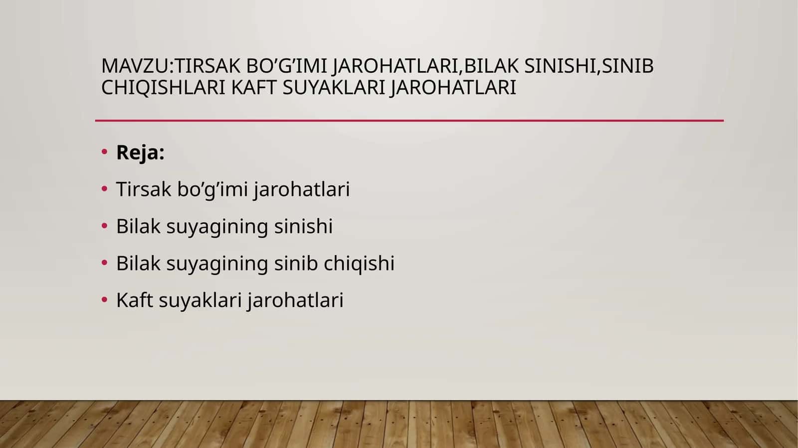 Tirsak bo’g’imi jarohatlari, bilak sinishi, sinib chiqishlari kaft suyaklari jarohatlari